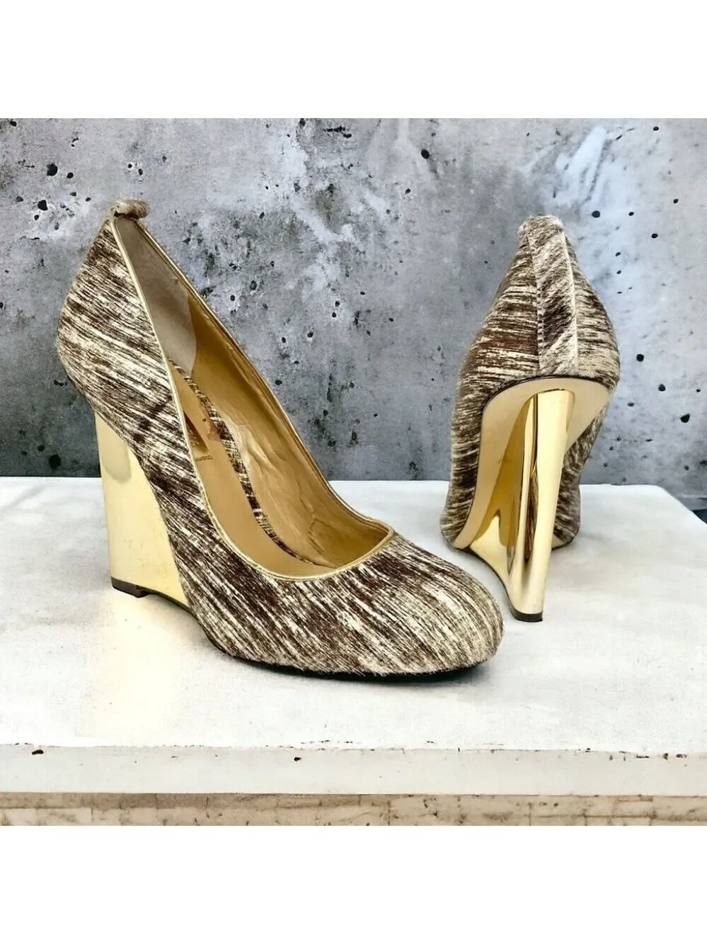 BCBG MaxAzria Ma-Valletta Calfhair and Gold Wedge Heels US 7